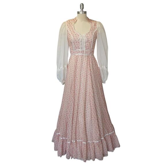 Gunne Sax Floral Corset Maxi Dress Size 9 Pink White Calico Prairie 70s Vintage - Picture 2 of 13
